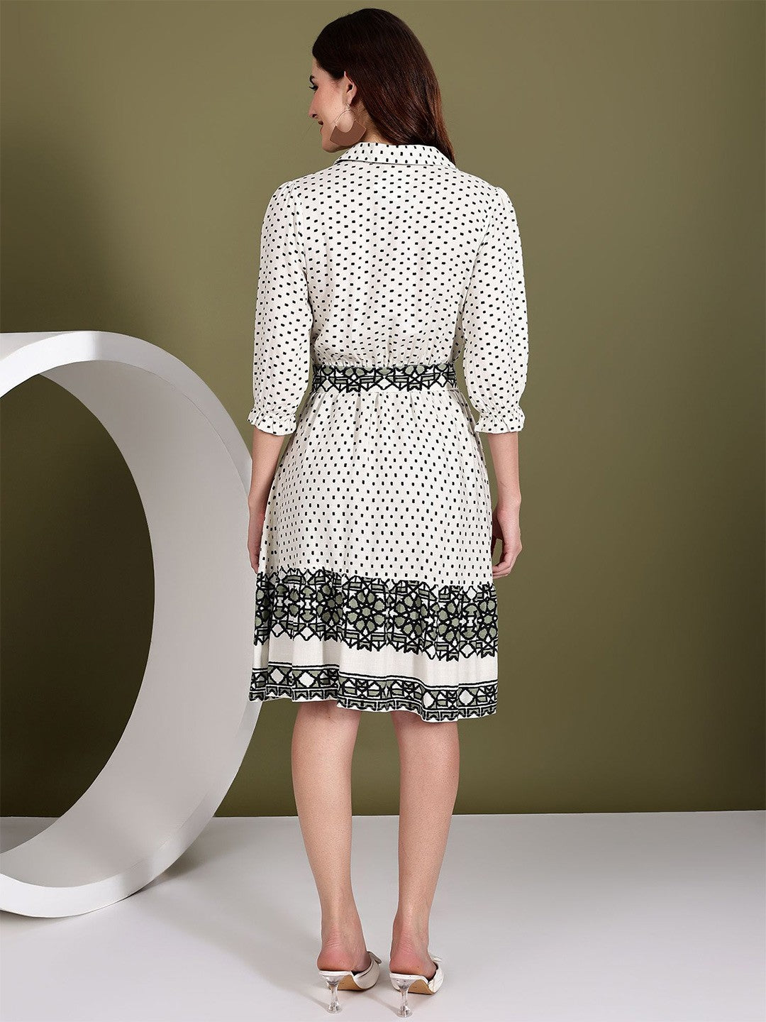 Flared Hem Geometric Print Dress with Puff Sleeves